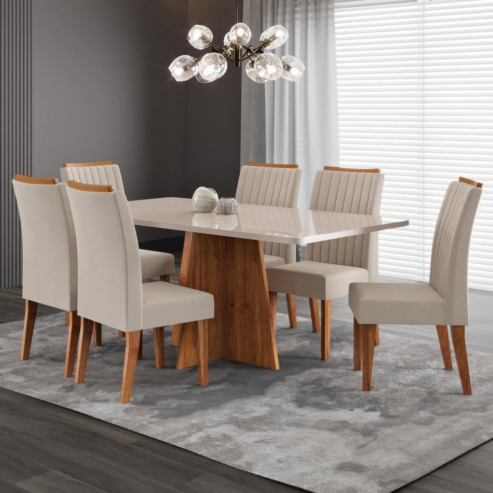 Conjunto de Sala de Jantar 160x77,8cm Tampo com Vidro e 6 Cadeiras Tannat Mel / Off White / Bege