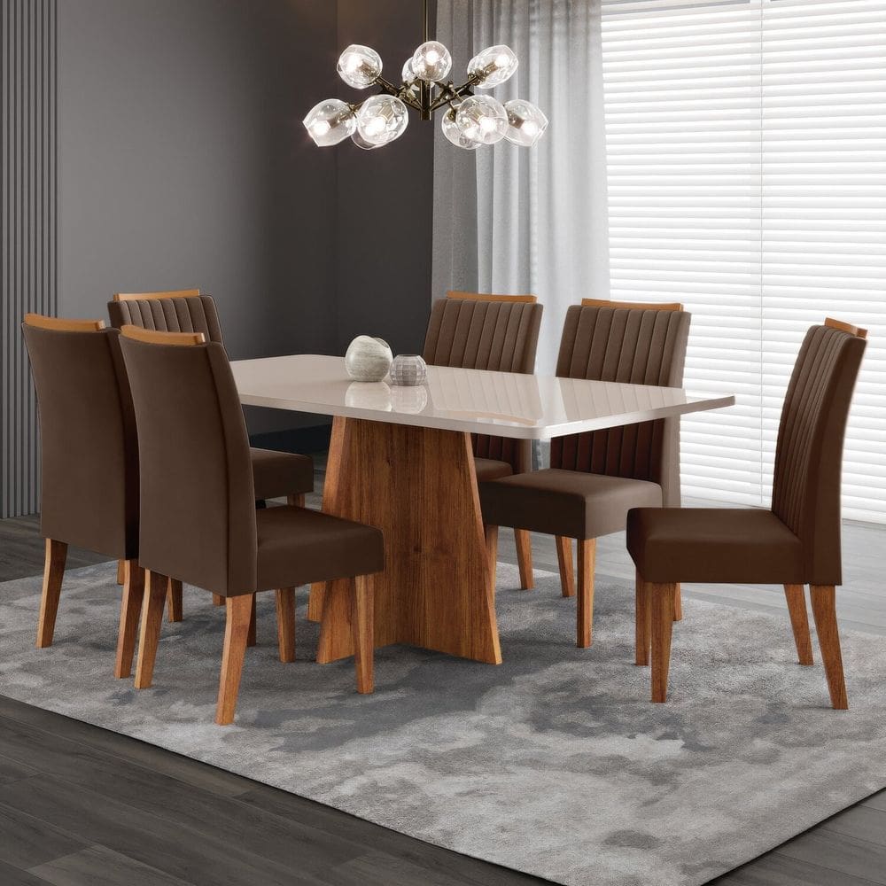 Conjunto de Sala de Jantar 160x77,8cm Tampo com Vidro e 6 Cadeiras Tannat Mel / Off White / Marrom