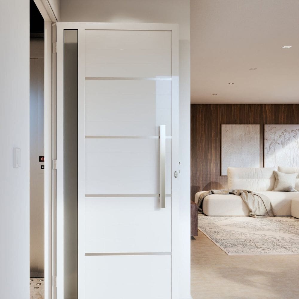 Porta de Alumínio de Giro Lambri 215cm X 95cm Puxador de 60cm com Friso e Visor Lucasa Ideale Branco