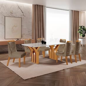 Conjunto de Jantar Mesa Miami Tampo Mdf e Vidro com 6 Cadeiras Atena Yescasa Castanho Cinamomo / Pena Caramelo / Off White
