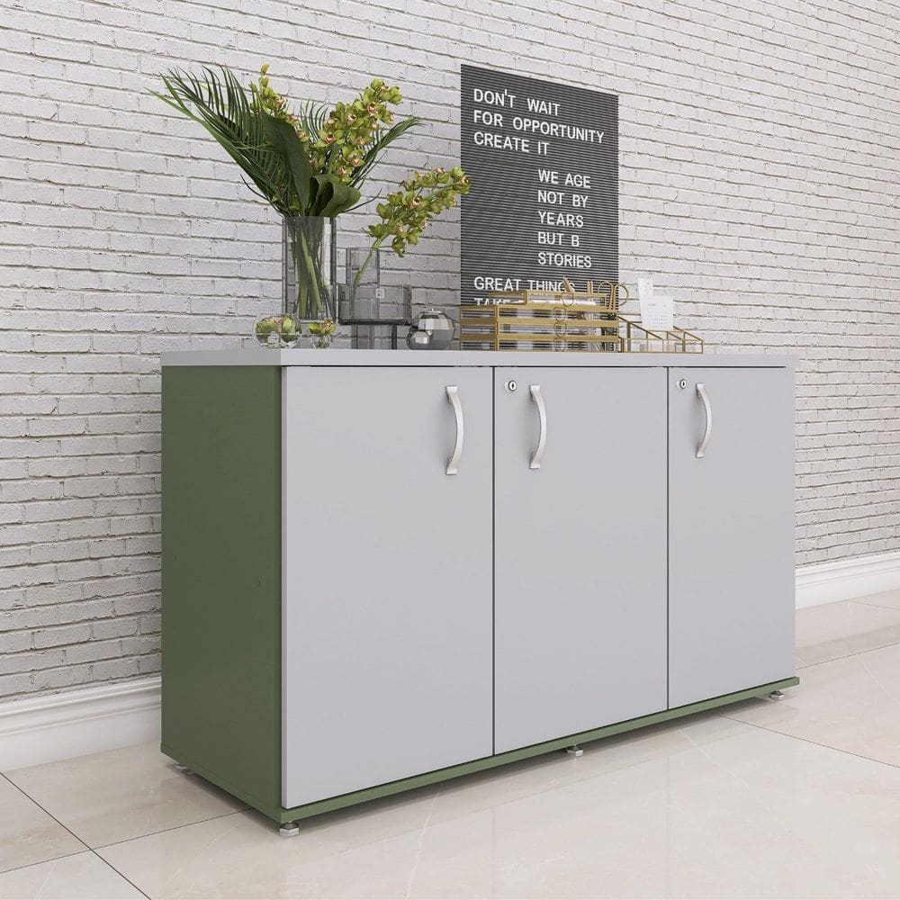 Armário para Escritório 3 Portas Credenza Salvia/Cinza