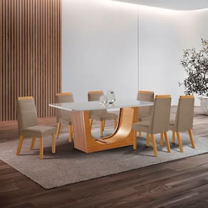 Conjunto de Jantar Mesa Maceió Tampo Mdf e Vidro com 6 Cadeiras Catar Yescasa Castanho Cinamomo/Capuccino/Off White