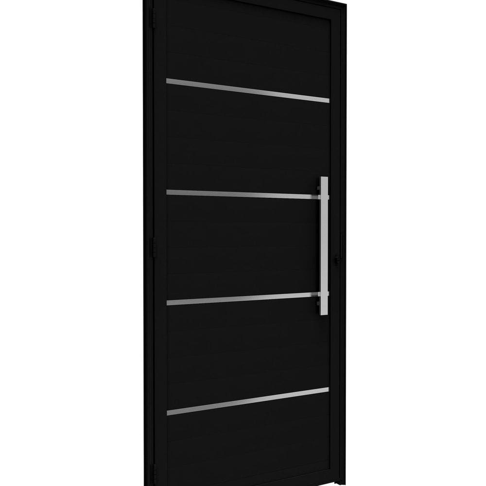 Porta de Alumínio de Giro Lambri 215x95cm com Friso e Puxador de 60cm Lucasa Ideale Preto