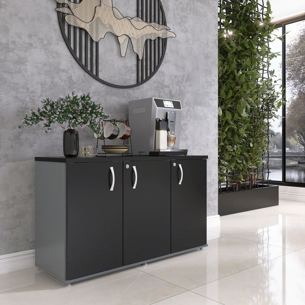 Armário para Escritório 3 Portas Credenza Grafito/Preto