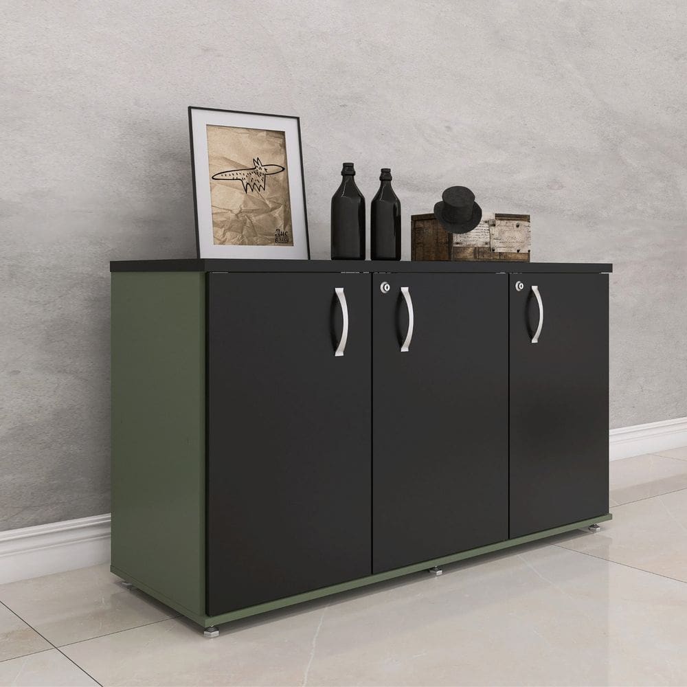 Armário para Escritório 3 Portas Credenza Salvia/Preto