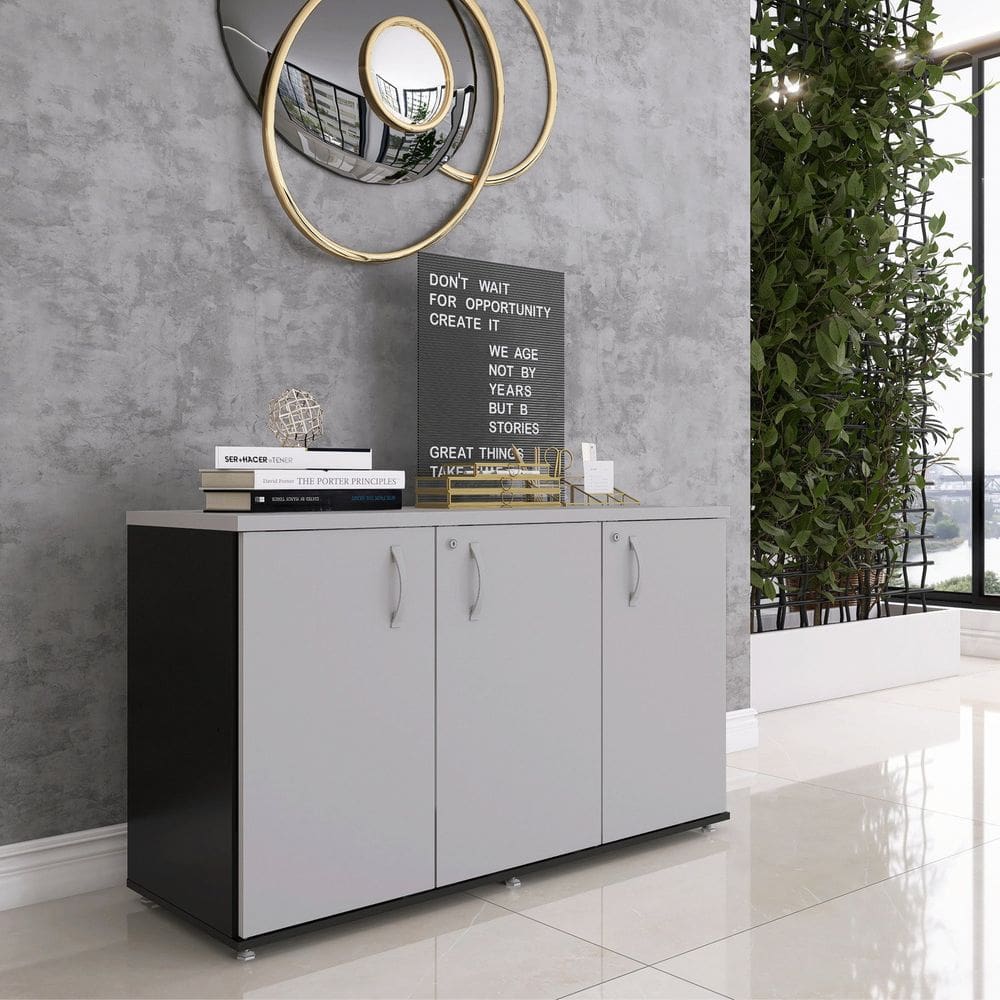 Armário para Escritório 3 Portas Credenza Preto/Cinza