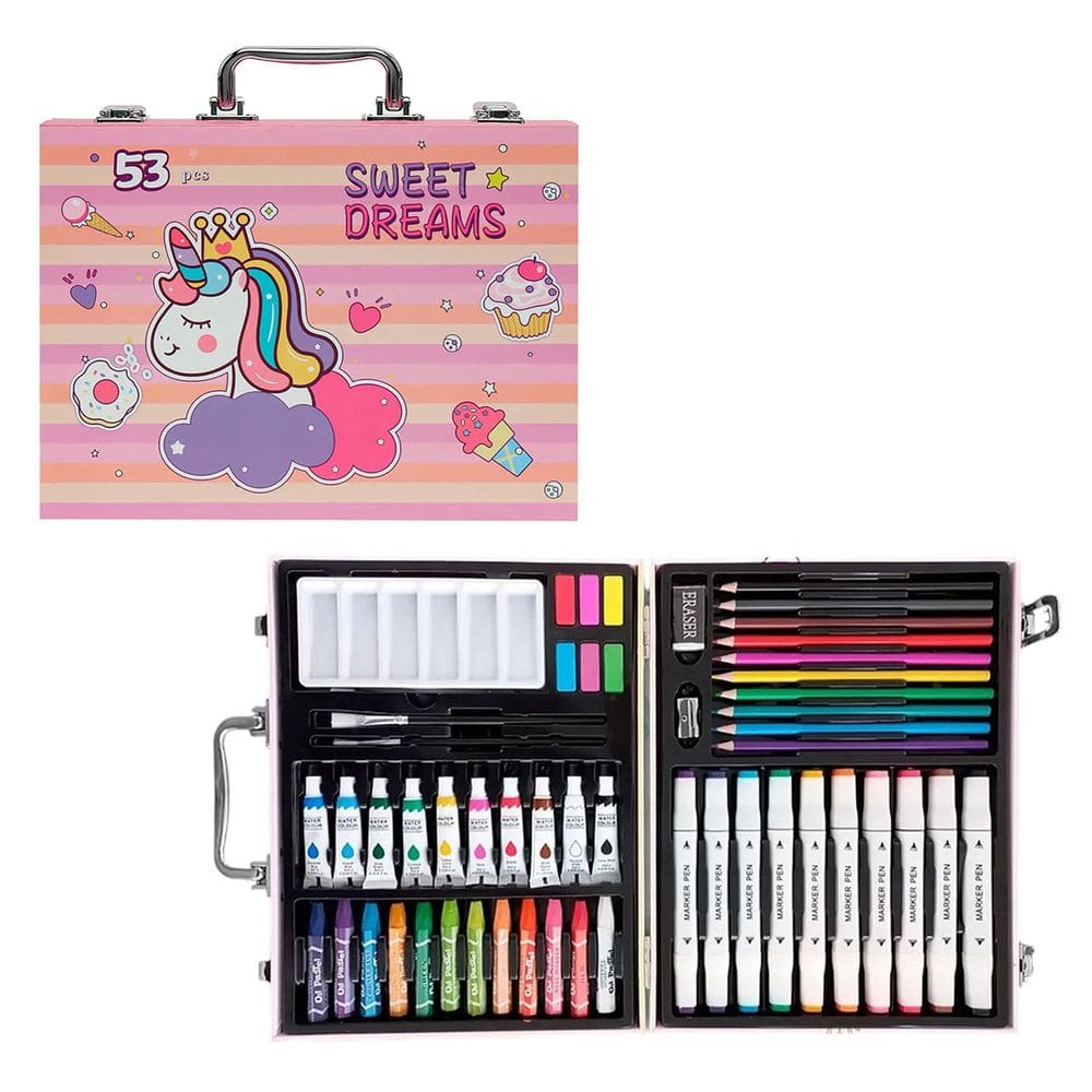 Maleta de Pintura Infantil 53 Peças Estojo Criança Lapis de Cor Canetinha Tinta Pincel Pintura Desenho Diversao