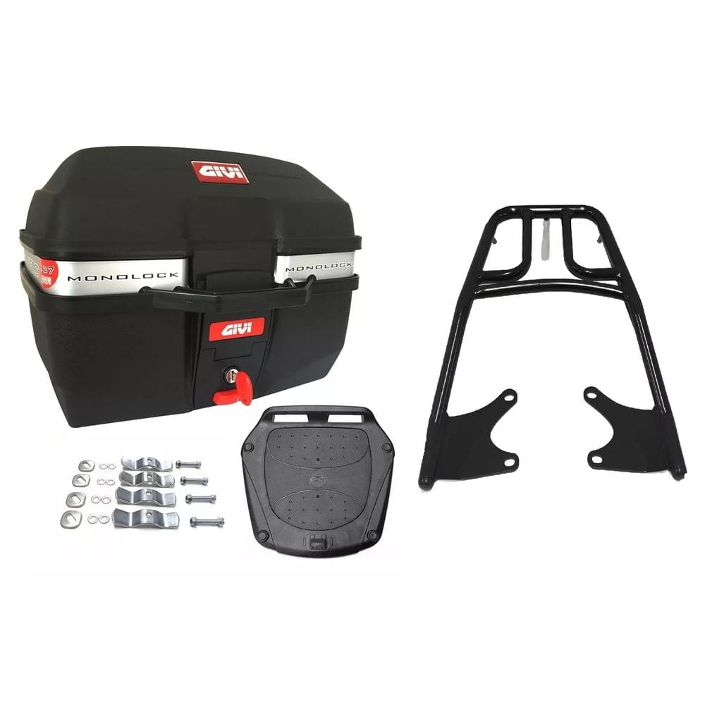 Kit Bau 27L Monolock Traffic Givi E27m + Bagageiro Preto Tubo Projetil