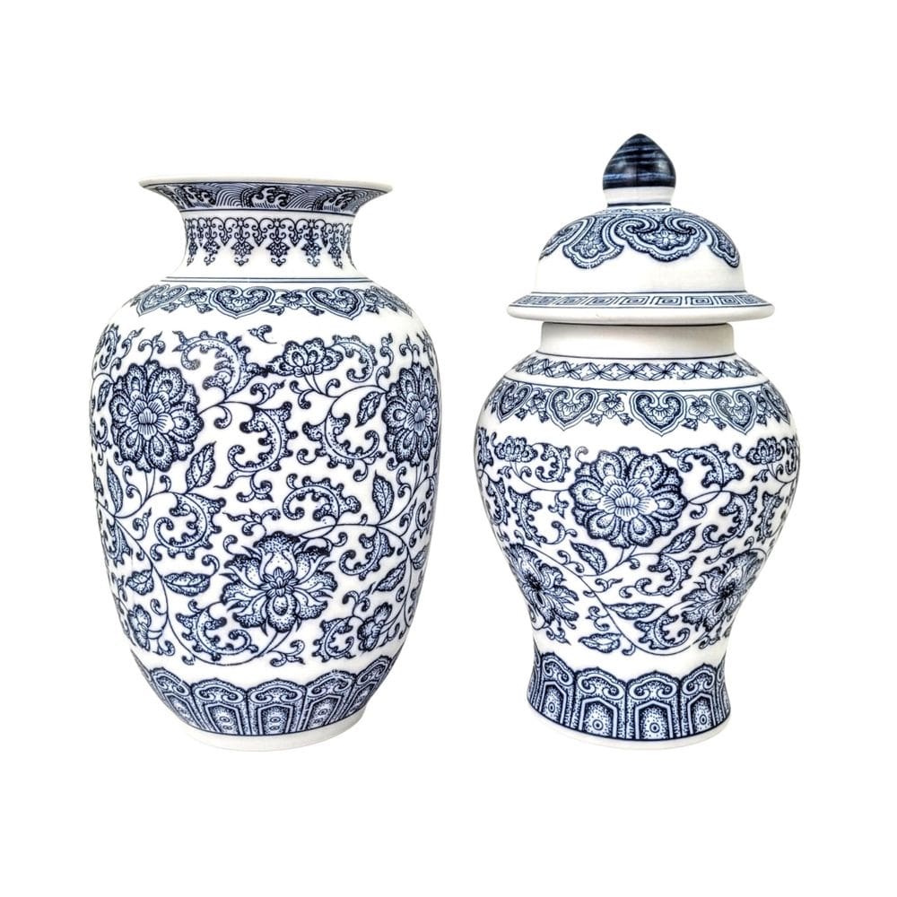 Kit 2 Vaso Potiche Porcelana Fosca Azul E Branco Floral Luxo