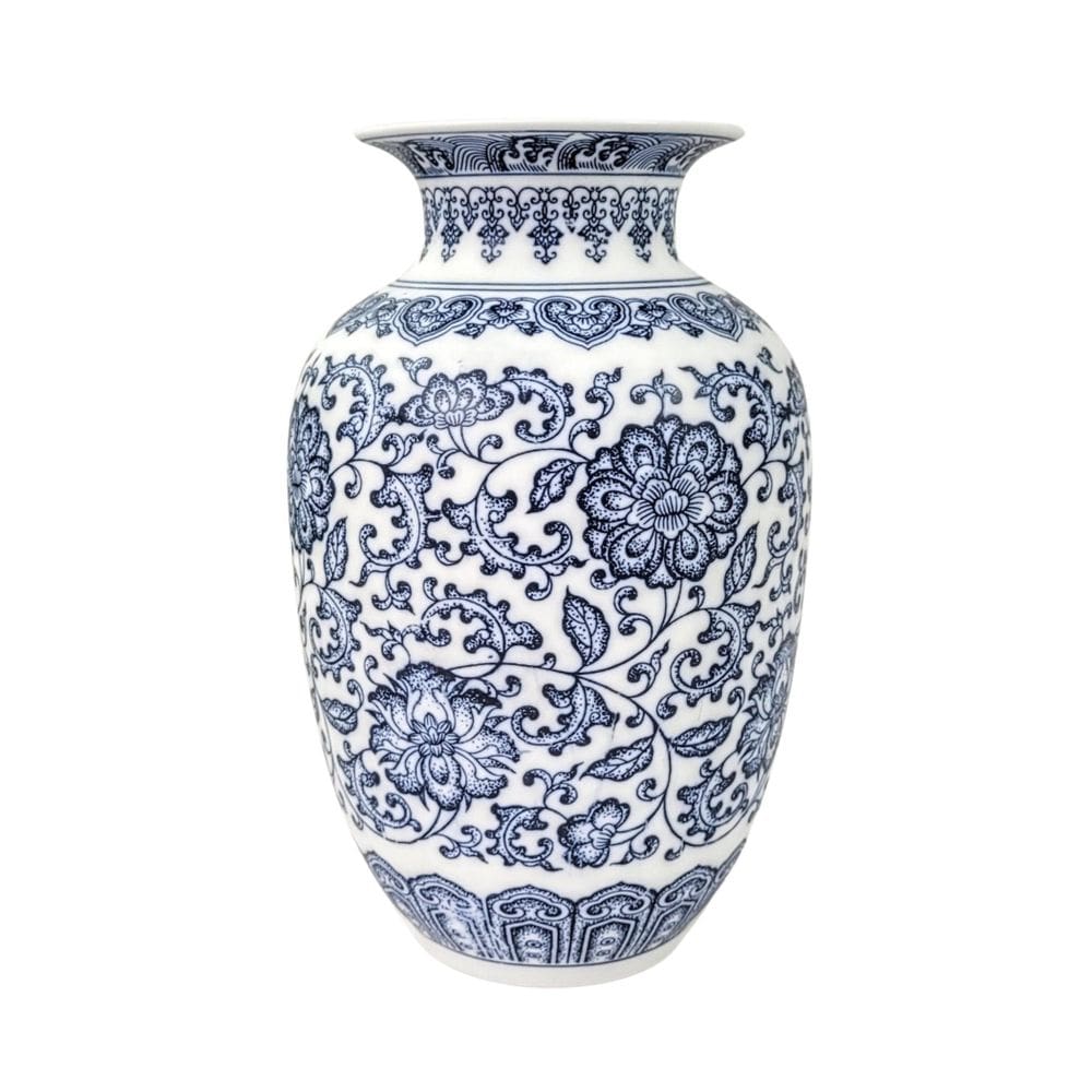 Vaso Porcelana Fosca Azul E Branco Floral Clássico Decoração