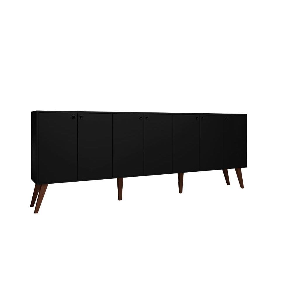 Balcão Aparador Buffet Retrô 7 Portas Com Pés Palito Preto Brienza Movelaria