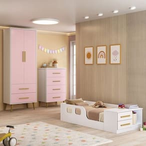 Quarto Infantil Completo com Guarda-Roupa, Cômoda e Cama Magia Espresso Móveis Branco/Rosa