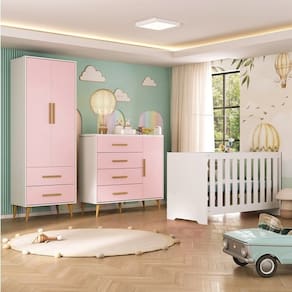 Quarto Infantil com Guarda-roupa 2 Portas 2 Gavetas com Cômoda e Berço Magia Espresso Móveis Branco/Rosa