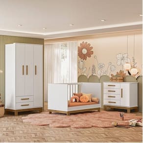 Quarto para Bebê Completo com Guarda-roupa, Berço e Cômoda Slim Branco Acetinado