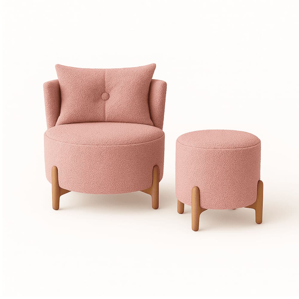Kit Poltrona e Puff Luna Decorativa Curvo Orgânico Boucle Rosê - Montanaris Decor
