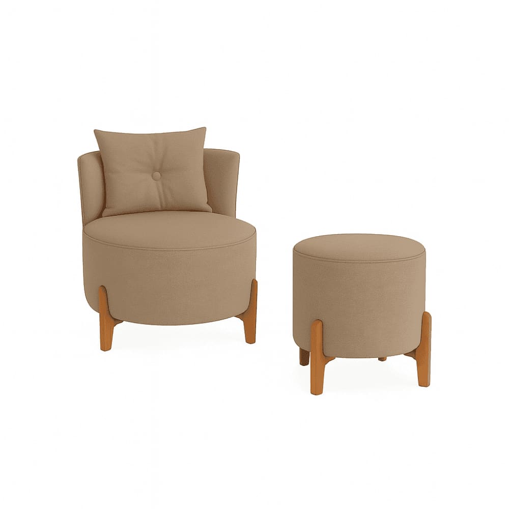 Kit Poltrona e Puff Luna Decorativa Curvo Orgânico Boucle Cappuccino - Montanaris Decor