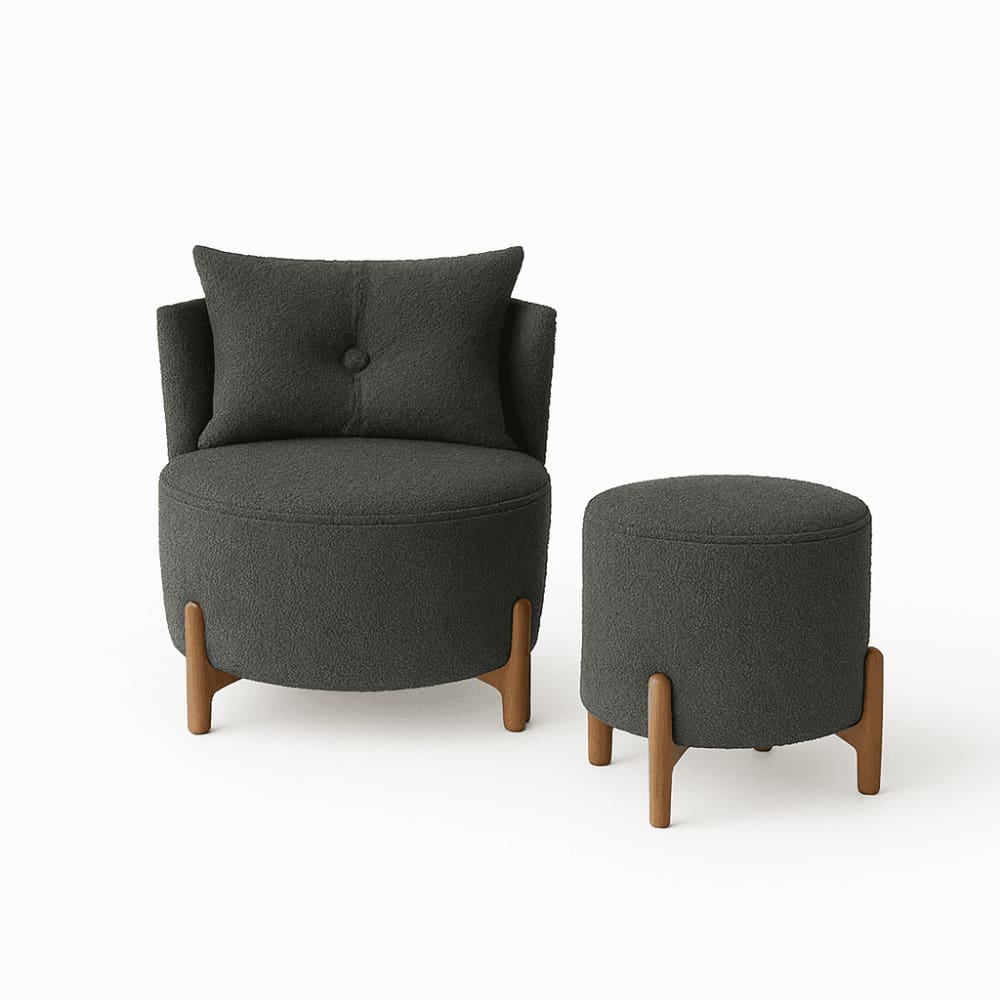 Kit Poltrona e Puff Luna Decorativa Curvo Orgânico Boucle Cinza Escuro - Montanaris Decor