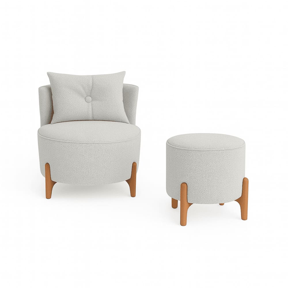 Kit Poltrona e Puff Luna Decorativa Curvo Orgânico Boucle Cinza Claro - Montanaris Decor