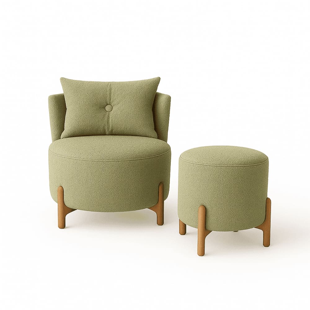 Kit Poltrona e Puff Luna Decorativa Curvo Orgânico Boucle Verde - Montanaris Decor
