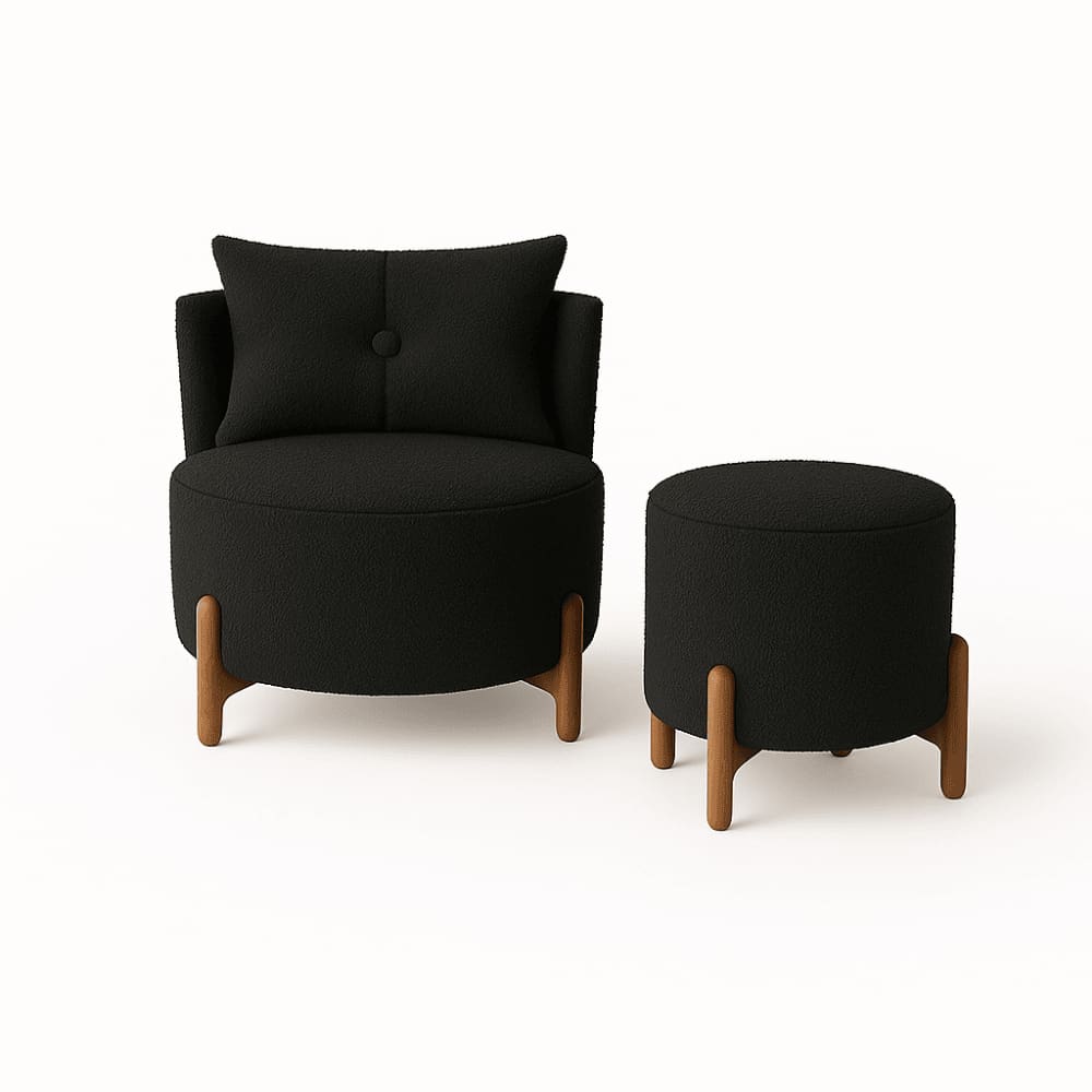 Kit Poltrona e Puff Luna Decorativa Curvo Orgânico Boucle Preto - Montanaris Decor