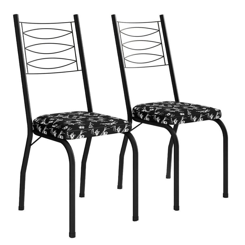 Kit 2 Cadeiras Aço Carbono Tubular Metálica Acabamento D-25 Luana Preto-preto Flor