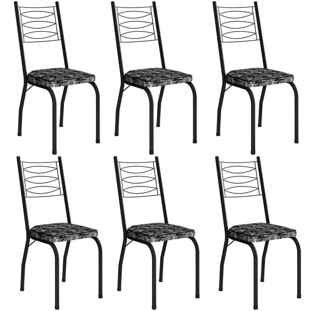Kit 6 Cadeiras Aço Carbono Tubular Metálica Acabamento D-25 Luana Preto-mosaico Silver