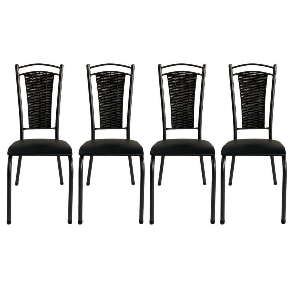 Kit 4 Cadeira Paris De Cozinha Tubular Preto Aço Estofada Encosto Junco Preto