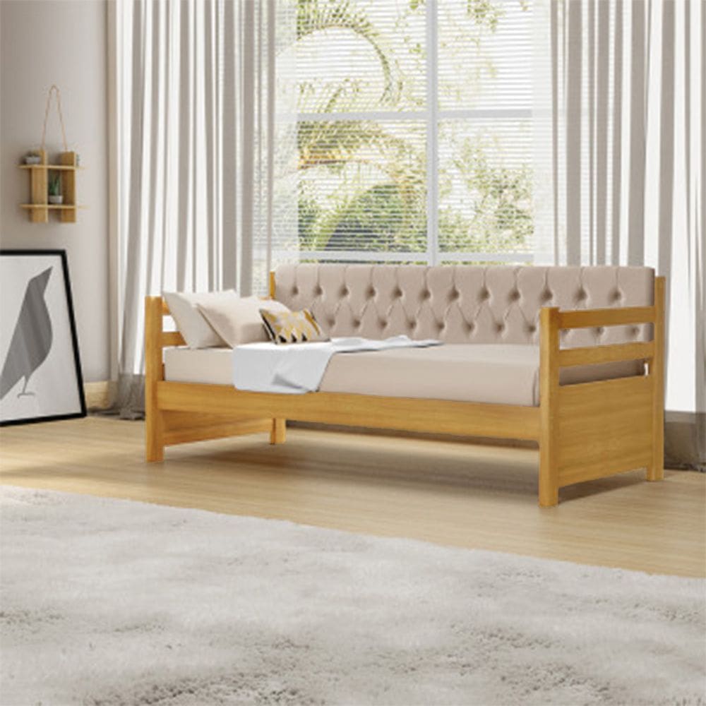 Sofá Cama Solteiro Verona Mona Imbuia Estofado Capitonê Veludo Bege Acompanha 1 Colchão