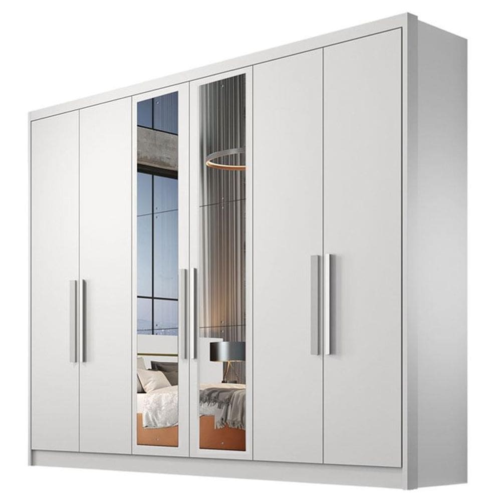 Guarda Roupa Casal Linea 6 Portas 4 Gavetas Neve com Espelho – Novo Horizonte