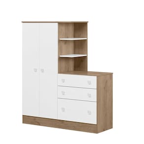 Guarda-Roupas Infantil 2 Portas com Cômoda 3 Gavetas e Nichos Encanto Feliz -Carvalho Toq Rustico-Branco - ÉdeCasaMóveis