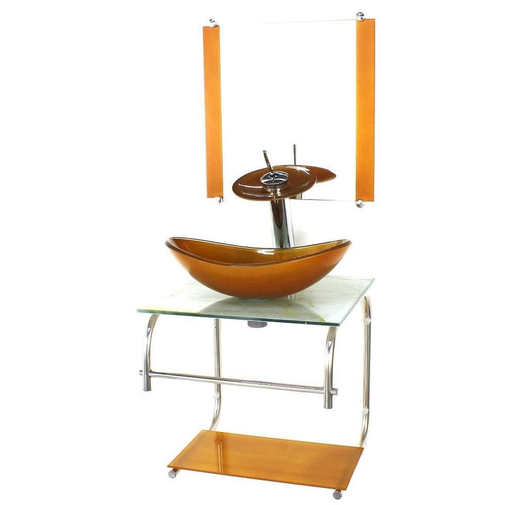 Gabinete De Vidro Cuba Oval 40Cm Inox Marmore Branco Dourado