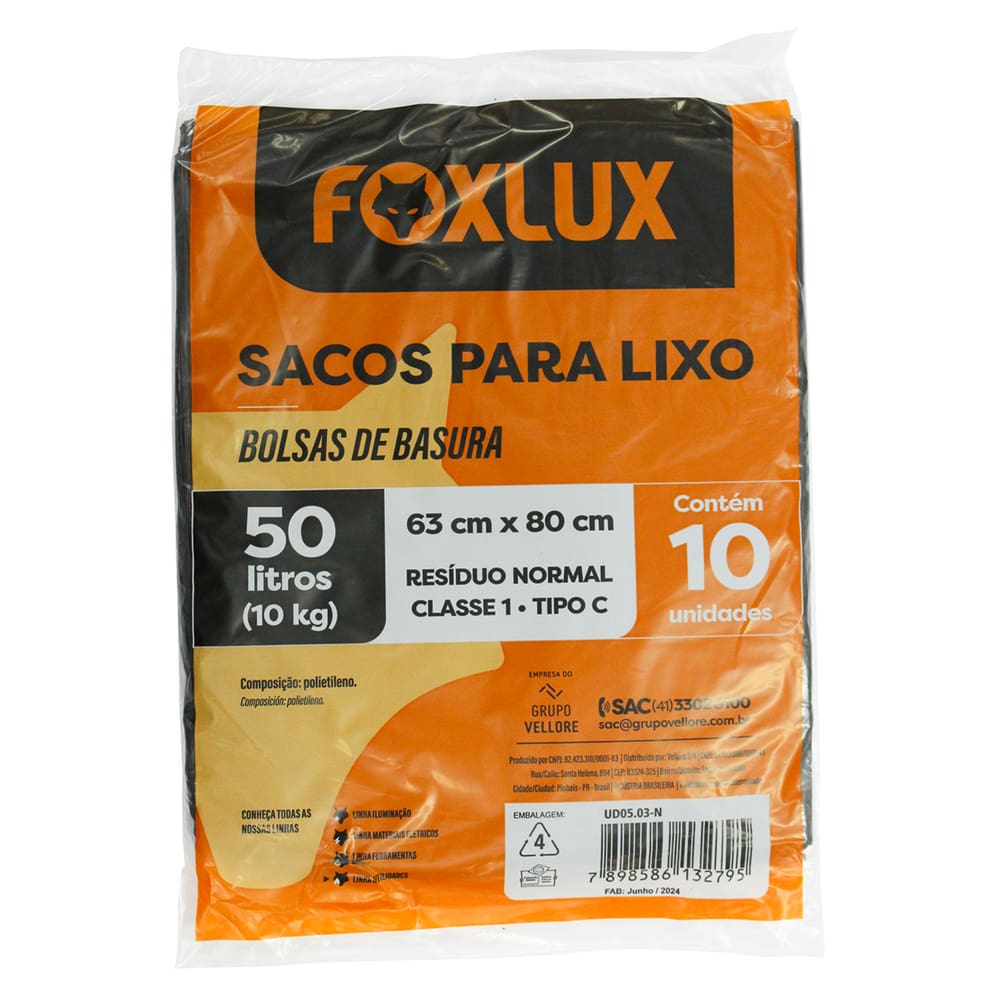 10 Sacos de Lixo 50 Litros 63x80cm Preto Foxlux