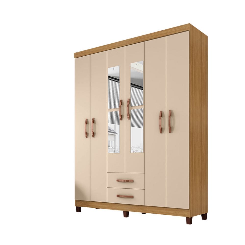 Guarda Roupa De Casal 6 Portas e 2 Gavetas Com Espelho Manchester - Carvalho Americano - Off White - ÉdeCasaMóveis