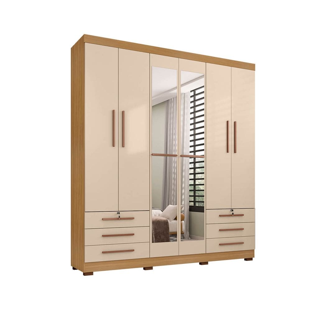 Guarda Roupa De Casal 6 Portas e 6 Gavetas Com Espelho Durham - Carvalho Americano - Off White - ÉdeCasaMóveis