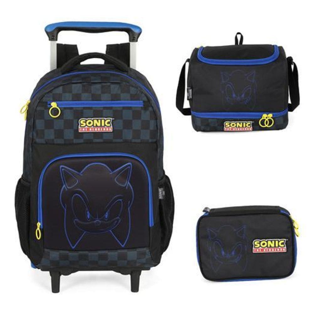 Kit Mochila Carrinho Rodinhas Sonic Em Relevo