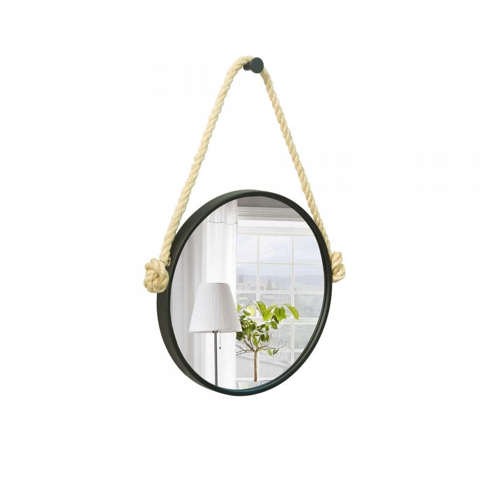 Espelho Decorativo Adnet Preto Alça Sisal Natural 40Cm