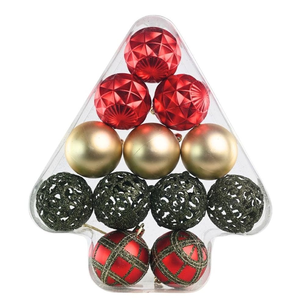 Kit 12 Bolas Natal Texturas Arabesco Luxo Vermelho, Dourado e Verde 6cm na Caixa Pinheiro - Magizi