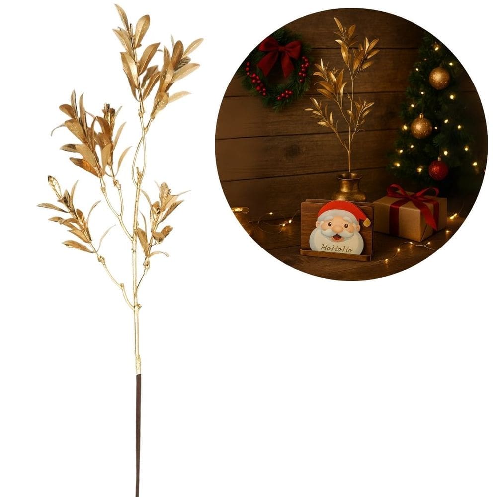 Galho Decorativo Natalino Folhagens Douradas Metalizadas 55cm - Magizi