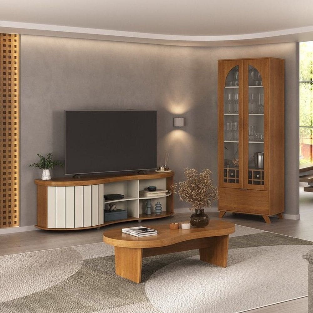 Kit para Sala de Estar Mesa de Centro e Rack e Cristaleira Murano Cinamomo/Off White