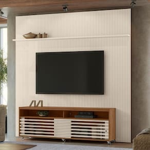 Rack com Painel Frisado para TV até 65 Polegadas 2 Portas de Correr com Rodízios Frizz New Prestige Madetec