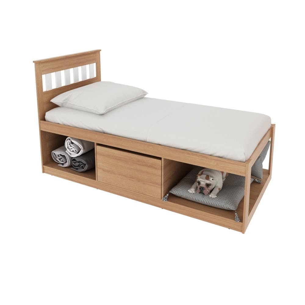 Cama de Solteiro Com Nichos e Baú CM8037 Amêndo/Branco - Tecno