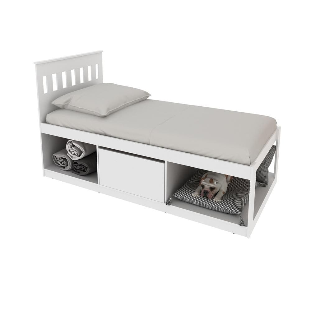 Cama de Solteiro Com Nichos e Baú CM8037 Branco - Tecno