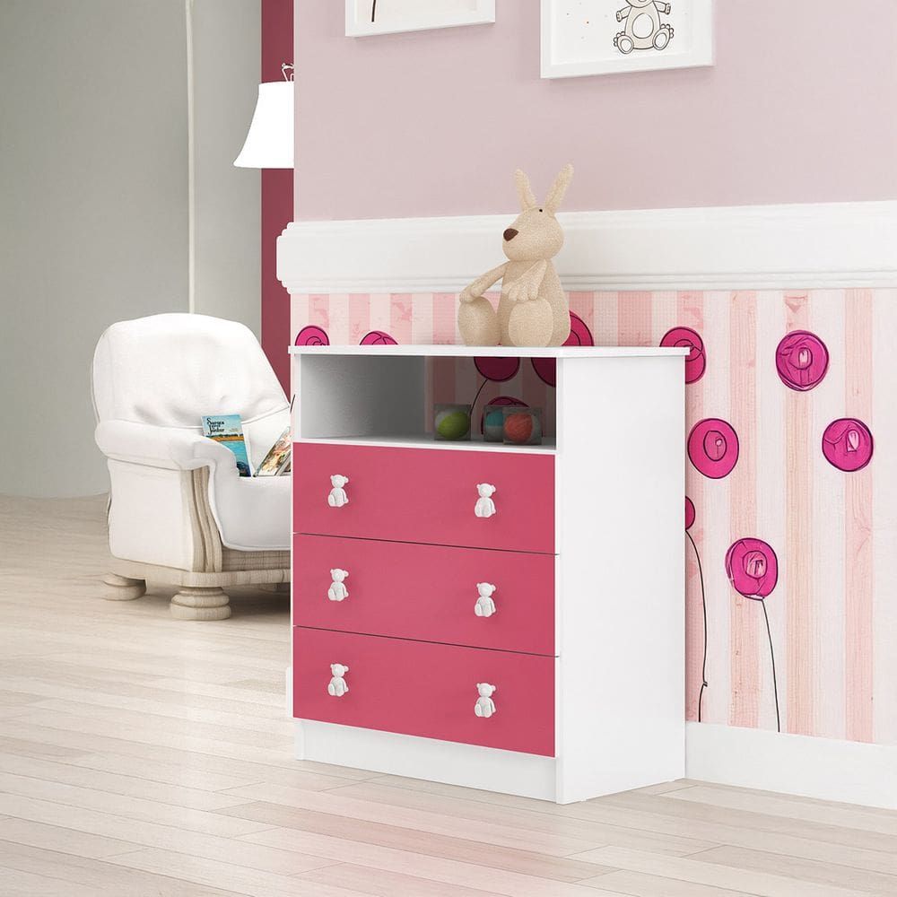 Cômoda Infantil com 3 Gavetas 1 Nicho Rosa