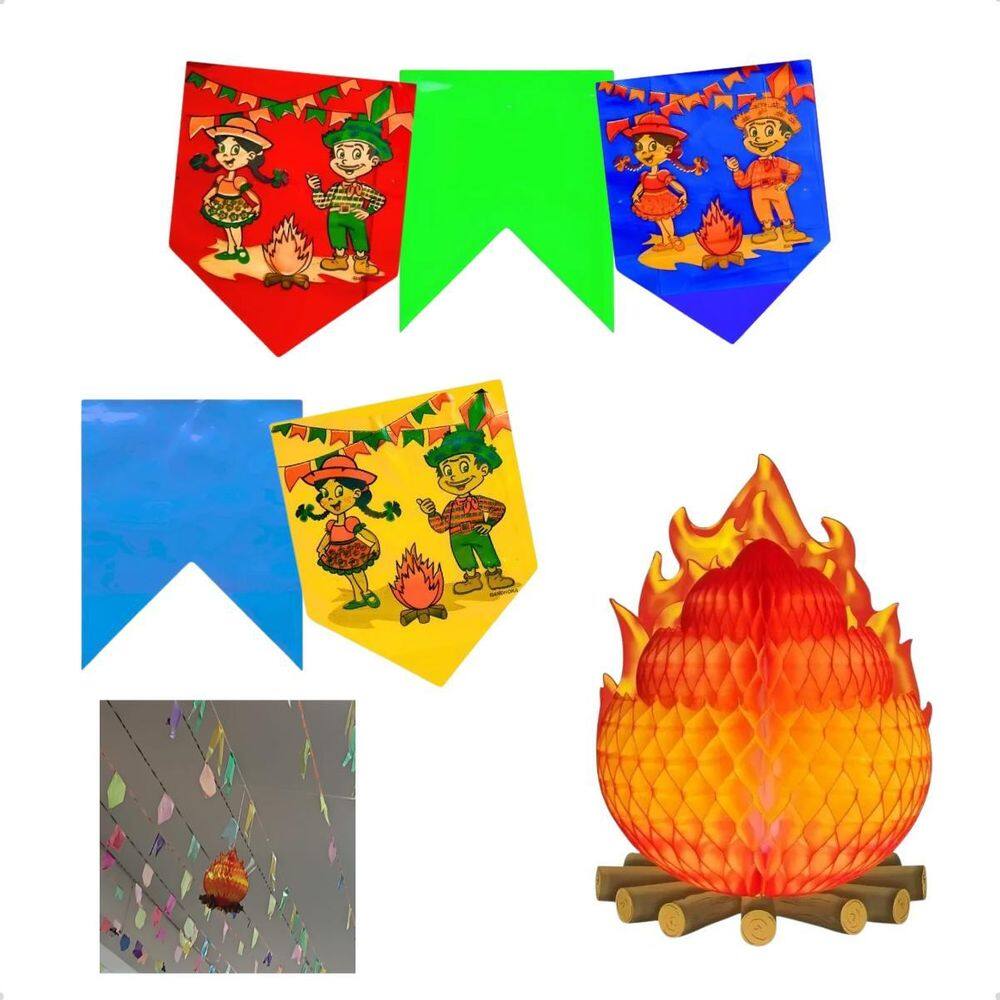 Kit Com 30M Bandeirinha Mais Fogueira Festa Junina São João
