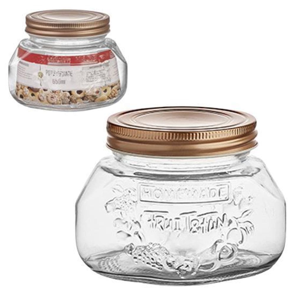 Pote De Vidro Relevo Square Com Tampa Metal 650 Ml