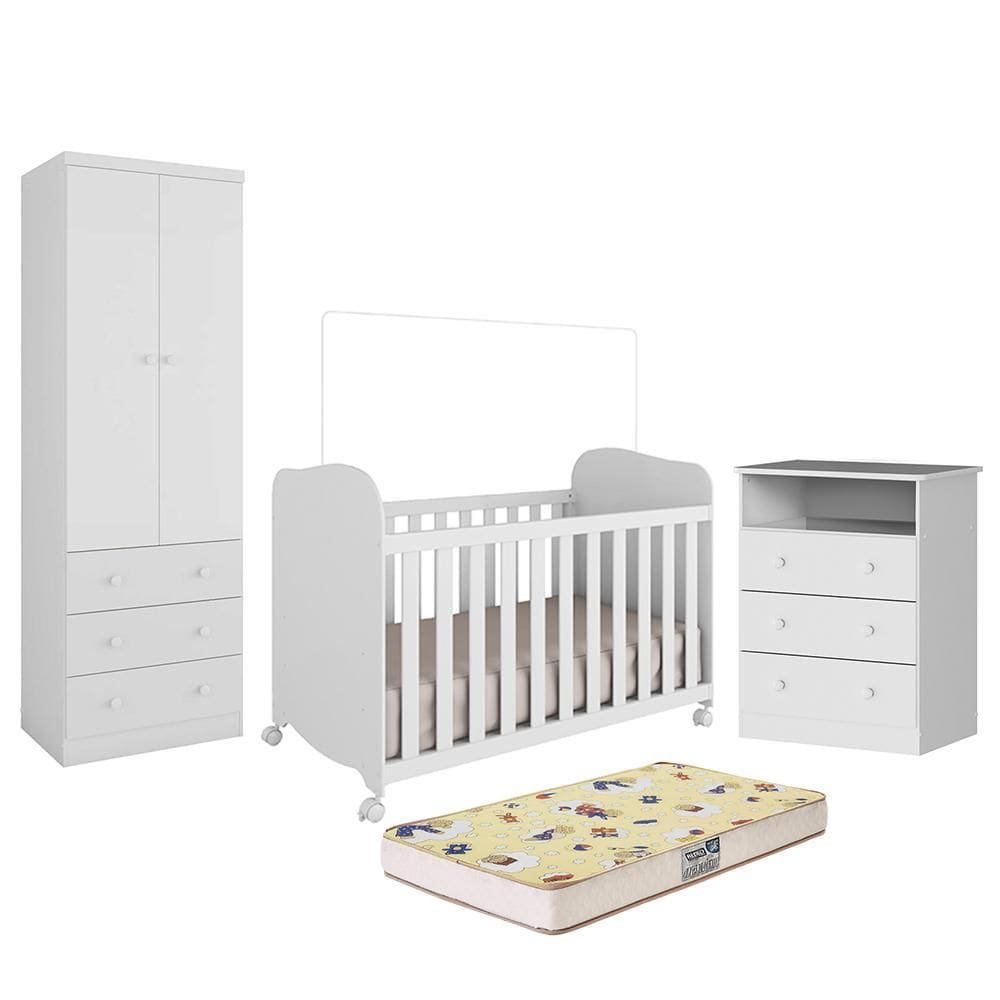 Dormitório Infantil Smim Guarda Roupa, Cômoda e Berço com Colchão Supreme - Móveis Peroba