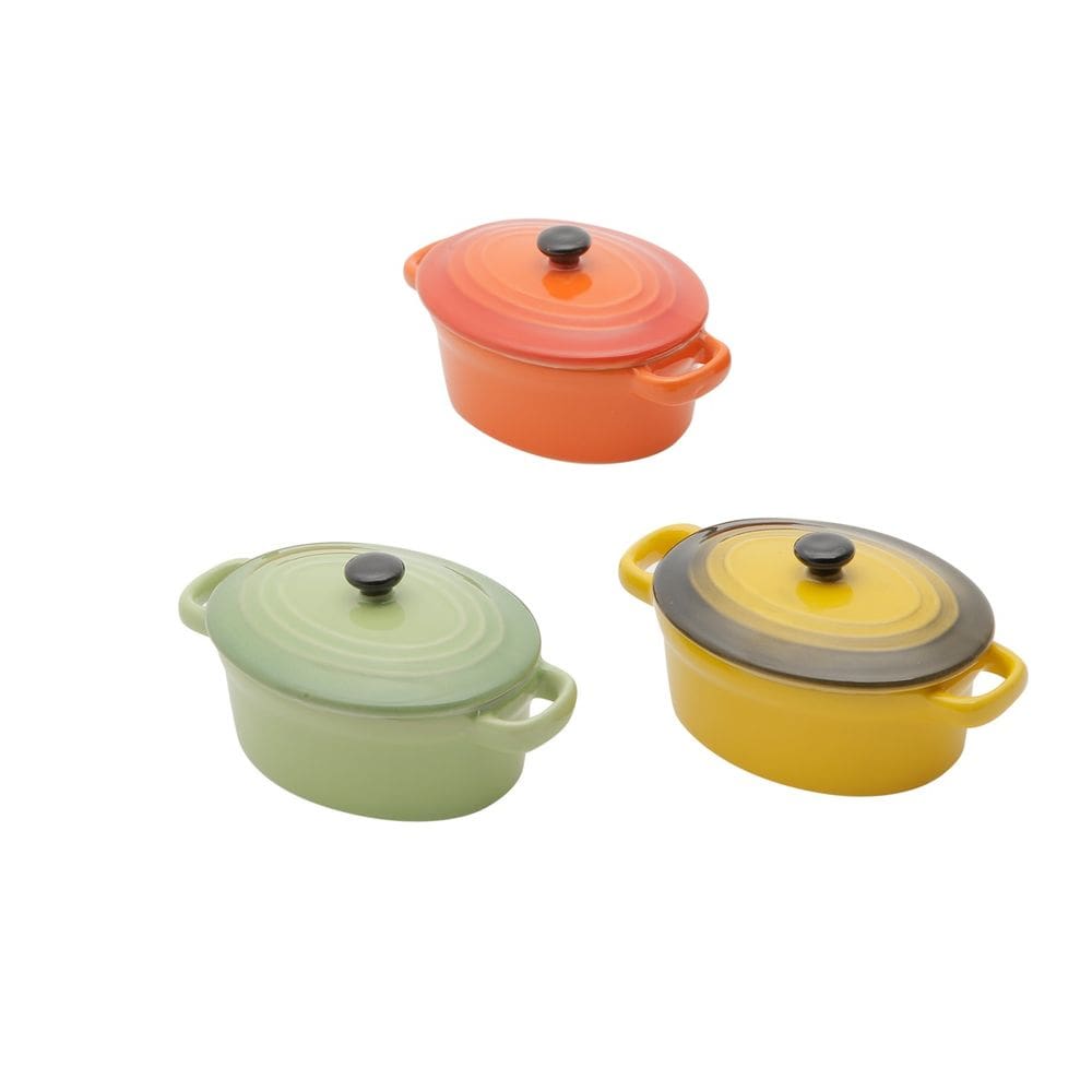 Kit 3 mini panelas ovais de porcelana, com tampa  15cm