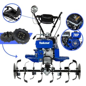 Motocultivador Descompactador Tekna TK-90R À Gasolina 4T 7HP de Potência 212cc Tratorito Tipo Tobata Profissional Com 24 Lâminas Cultivadoras + Rodas