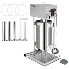 Máquina de Enchimento de Linguiças Elétrica ROVSUN 10L - Aço Inoxidável, Design Vertical, Velocidade Ajustável, 5 Tubos de Enchimento, Uso