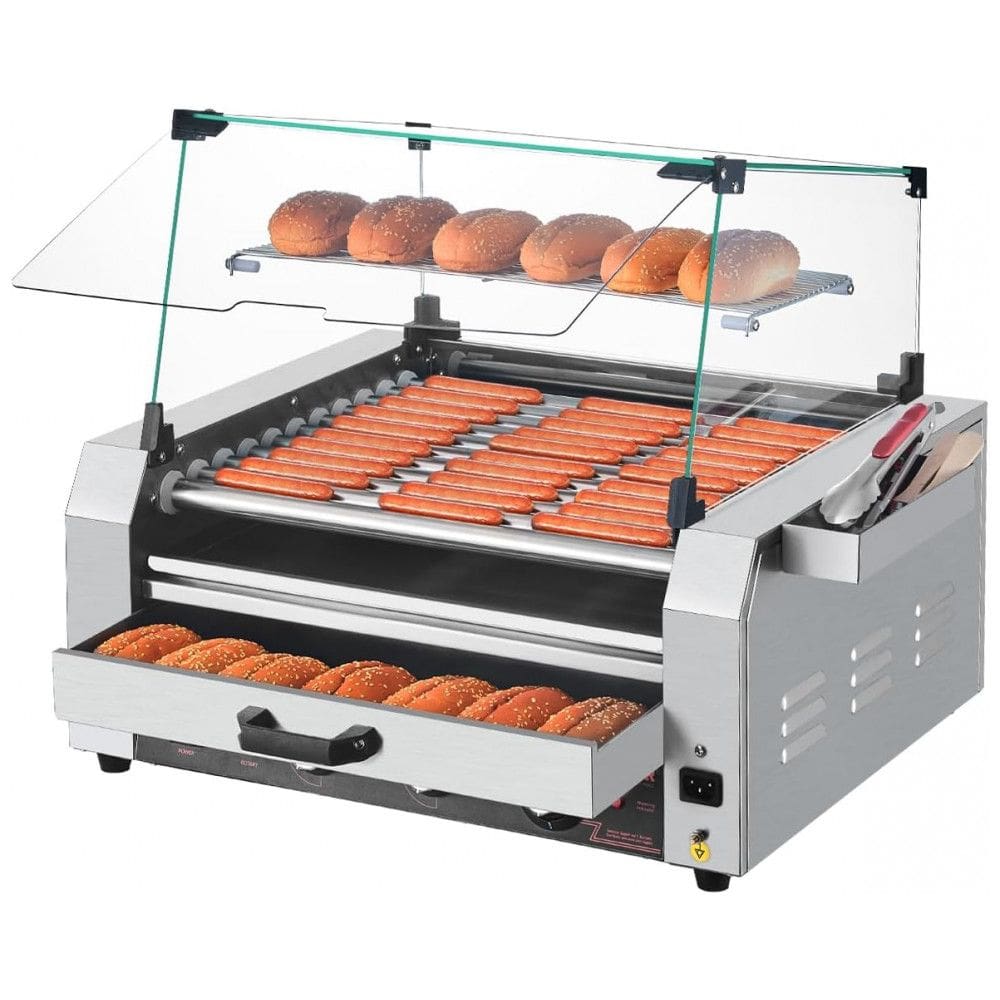 Máquina de Cachorro-Quente VEVOR, 30 Salsichas em 11 Rolos, Grill de Aço Inoxidável, 1950W com Aquecedor de Pães, Tampa, 3 Controles de